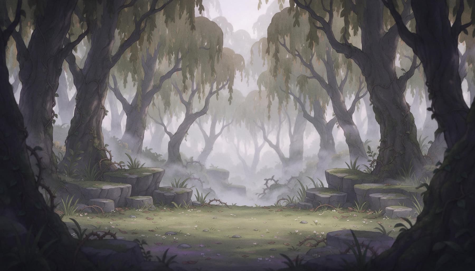 Lushwood Grove, dying: grey trees in thick mist