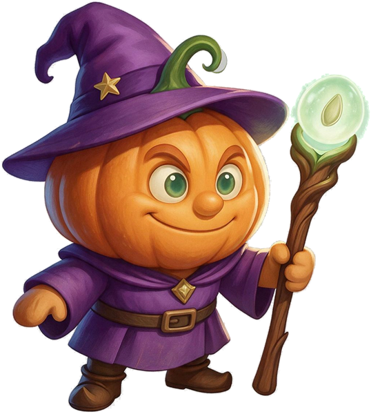 The Pumpkin Wizard, a small pumpkin-headed mage with a glowing staff